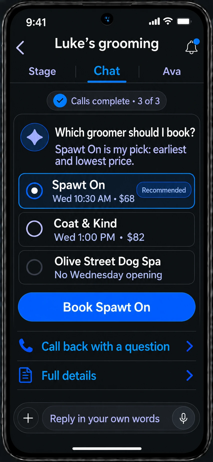 Illustrative Luke’s grooming Card Chat: Ava recommends Spawt On at $68 on Wednesday at 10:30, shows Coat and Kind at $82 and Olive Street with no Wednesday opening, and waits for a booking decision.