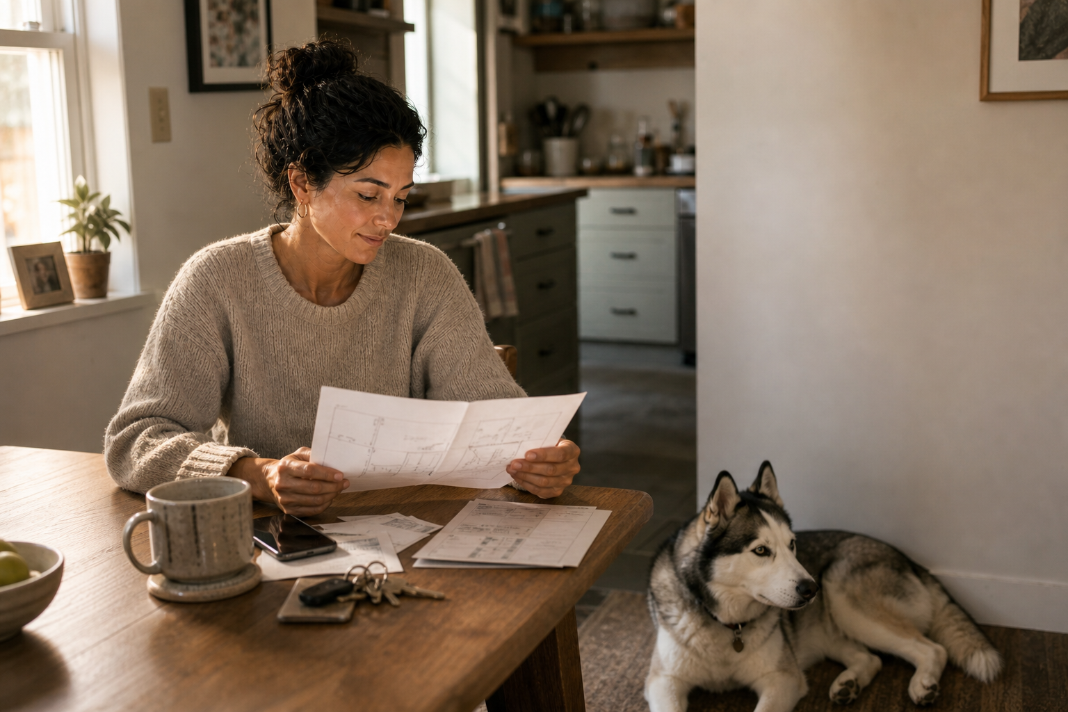 A woman calmly reviewing a plan at home with her husky beside her