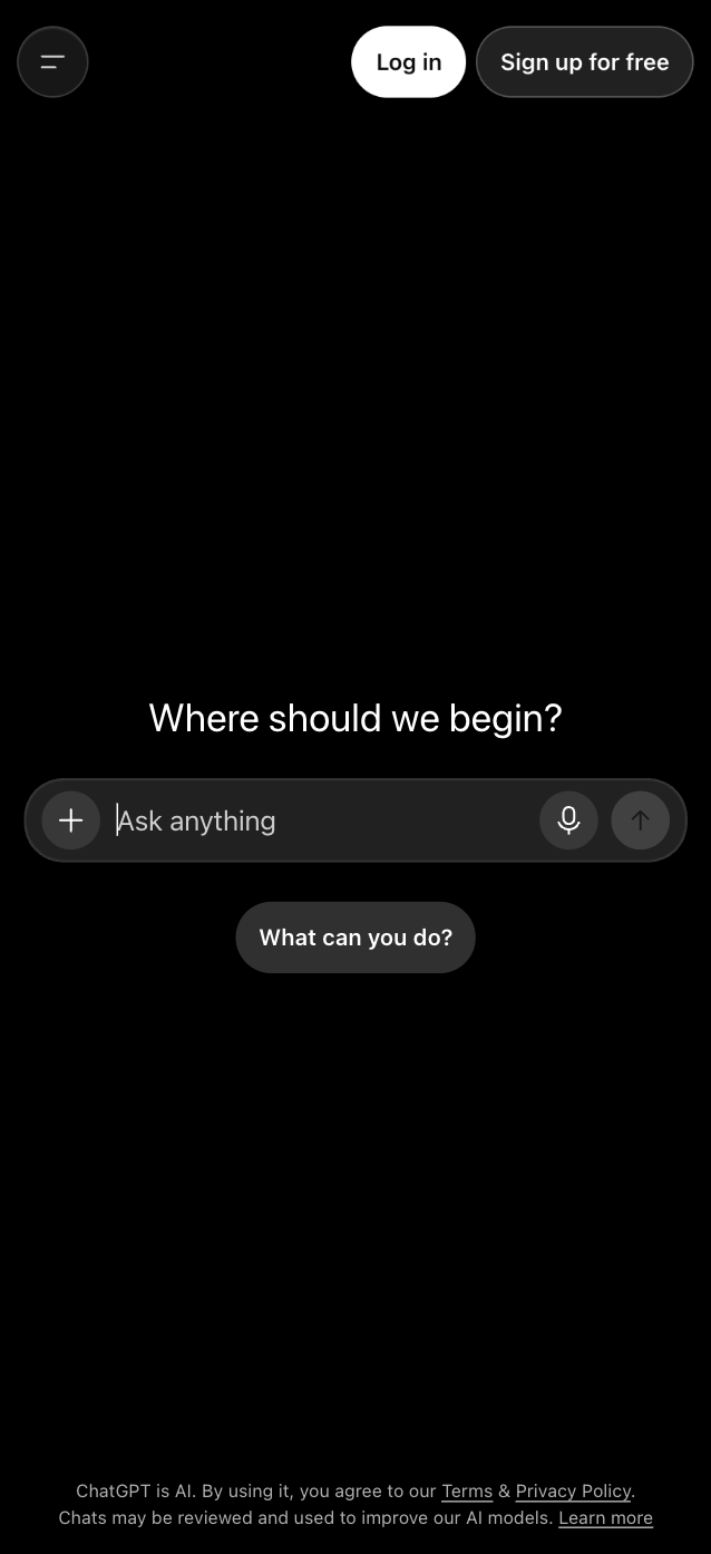 The complete ChatGPT mobile home screen, centered on a blank prompt field