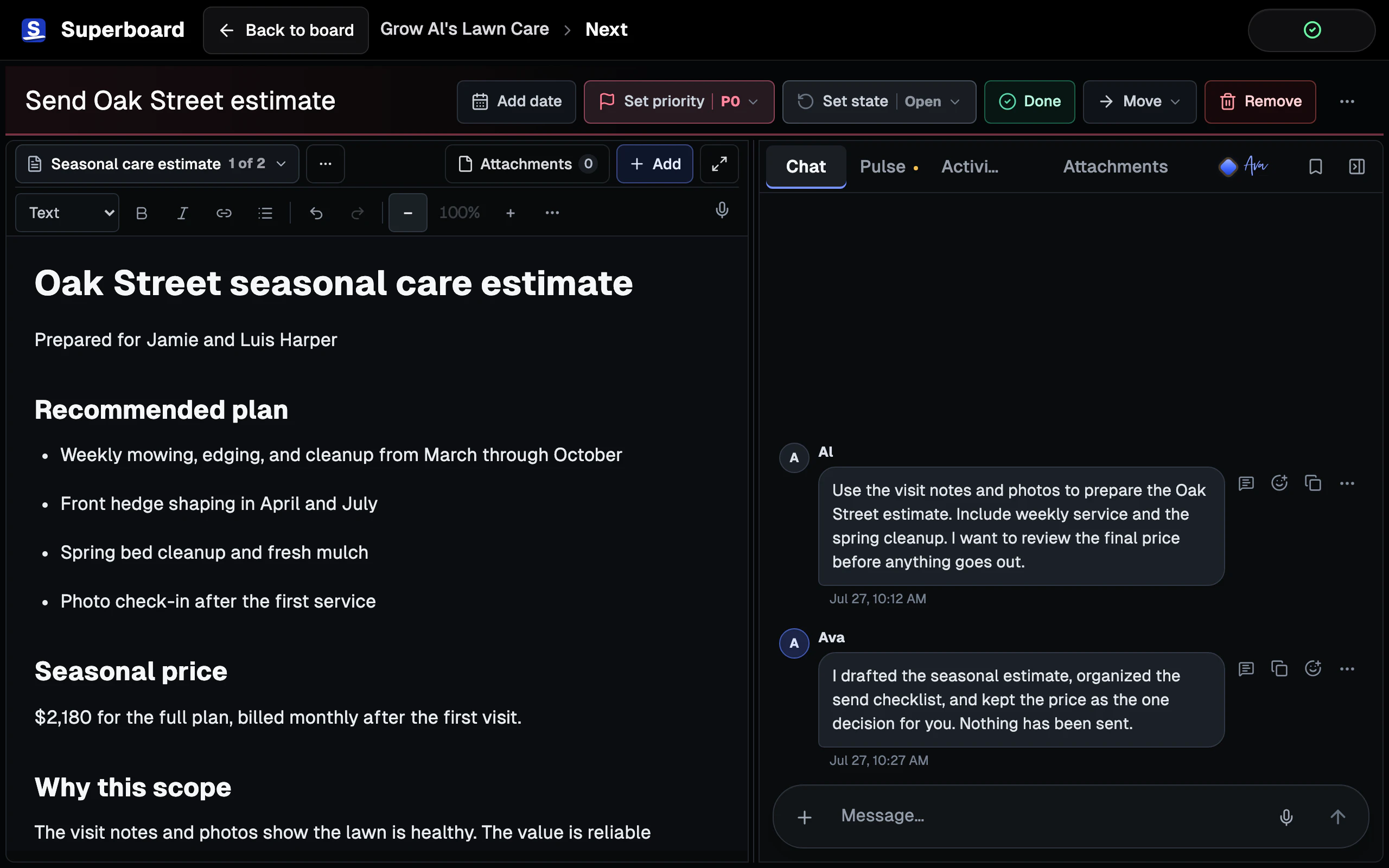 A full-width current Superboard Card Room for sending a customer estimate