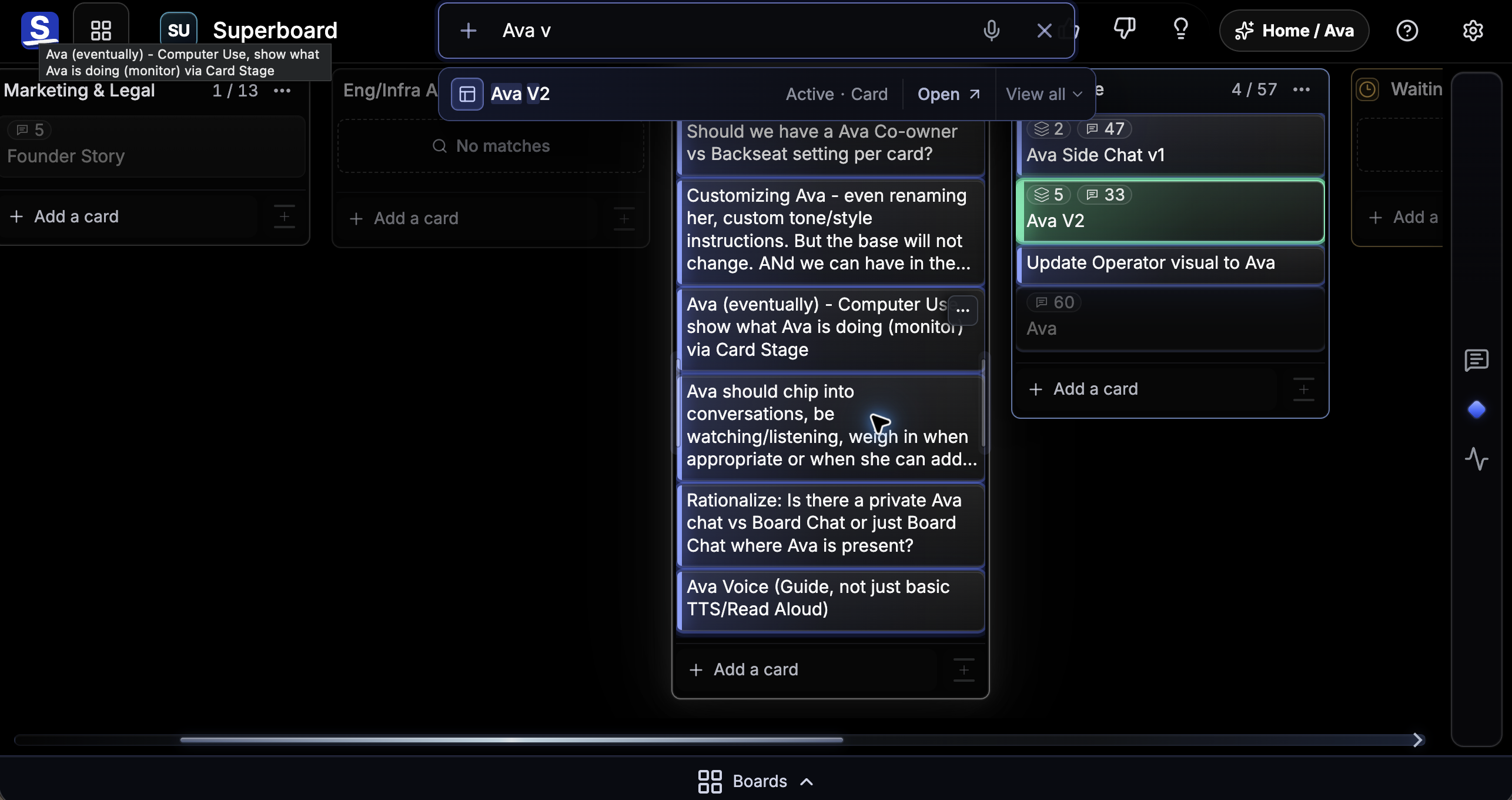 Current Superboard Board search for Ava, with the Ava V2 Card and related matches visible over the Board