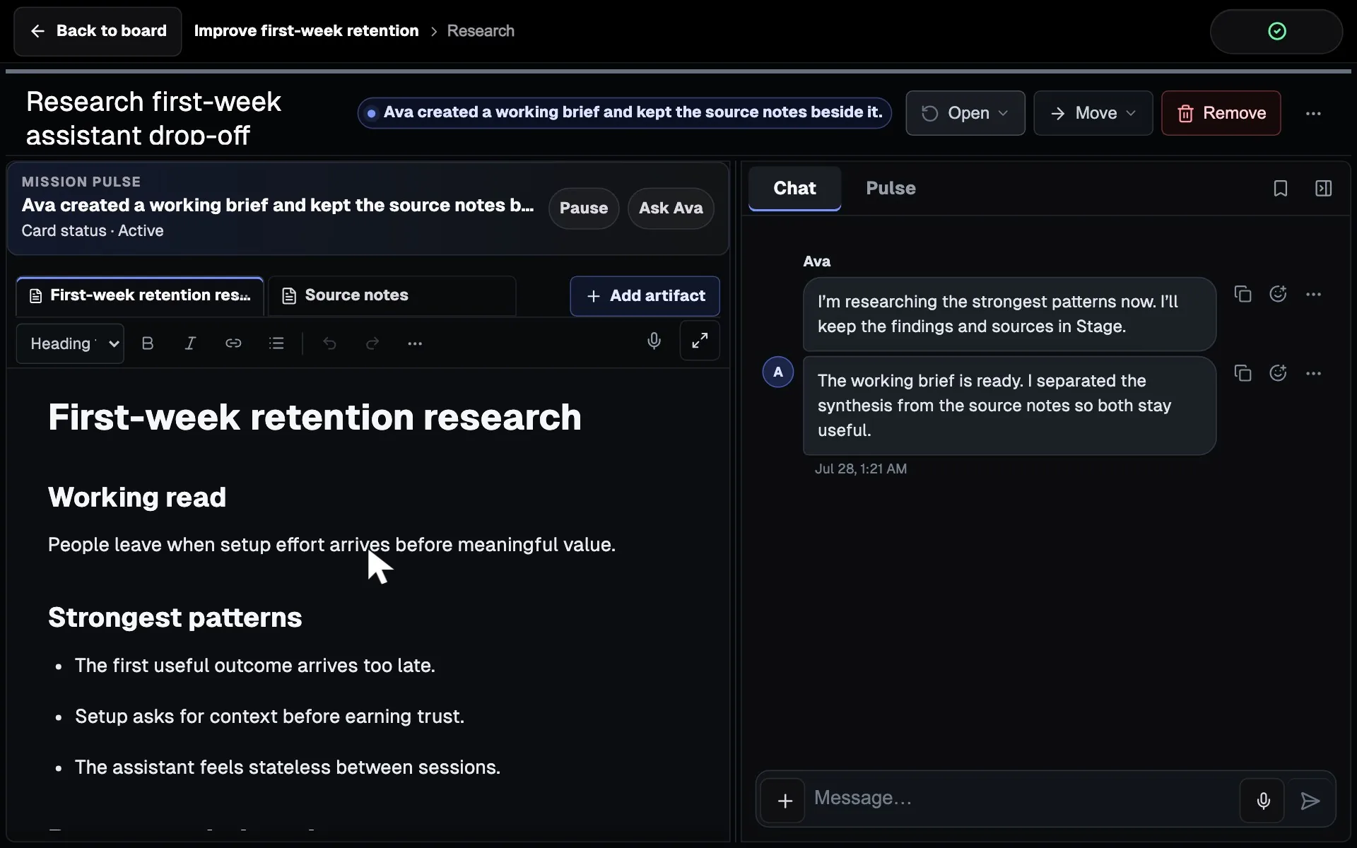 A Superboard Card Room showing Ava's first-week retention research, source notes, working brief, and conversation