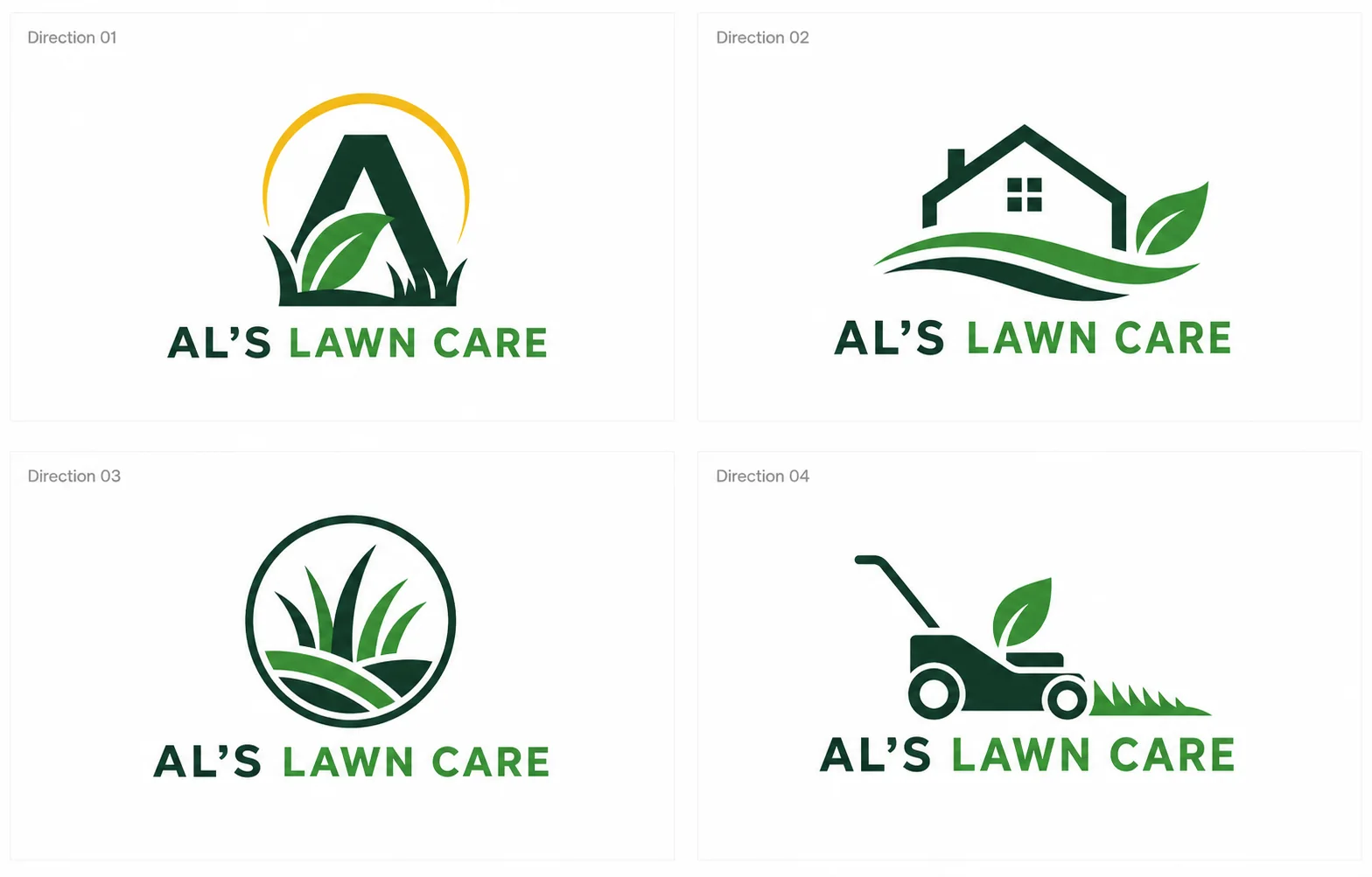 Four complete logo directions prepared for a lawn-care business