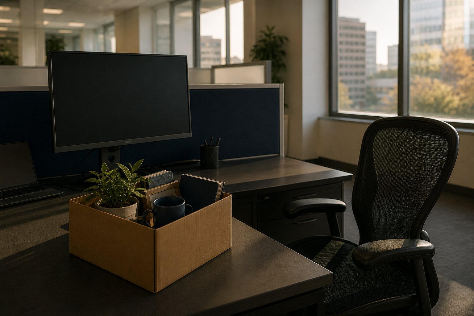 An empty office chair and a cardboard box of personal belongings on a vacated desk