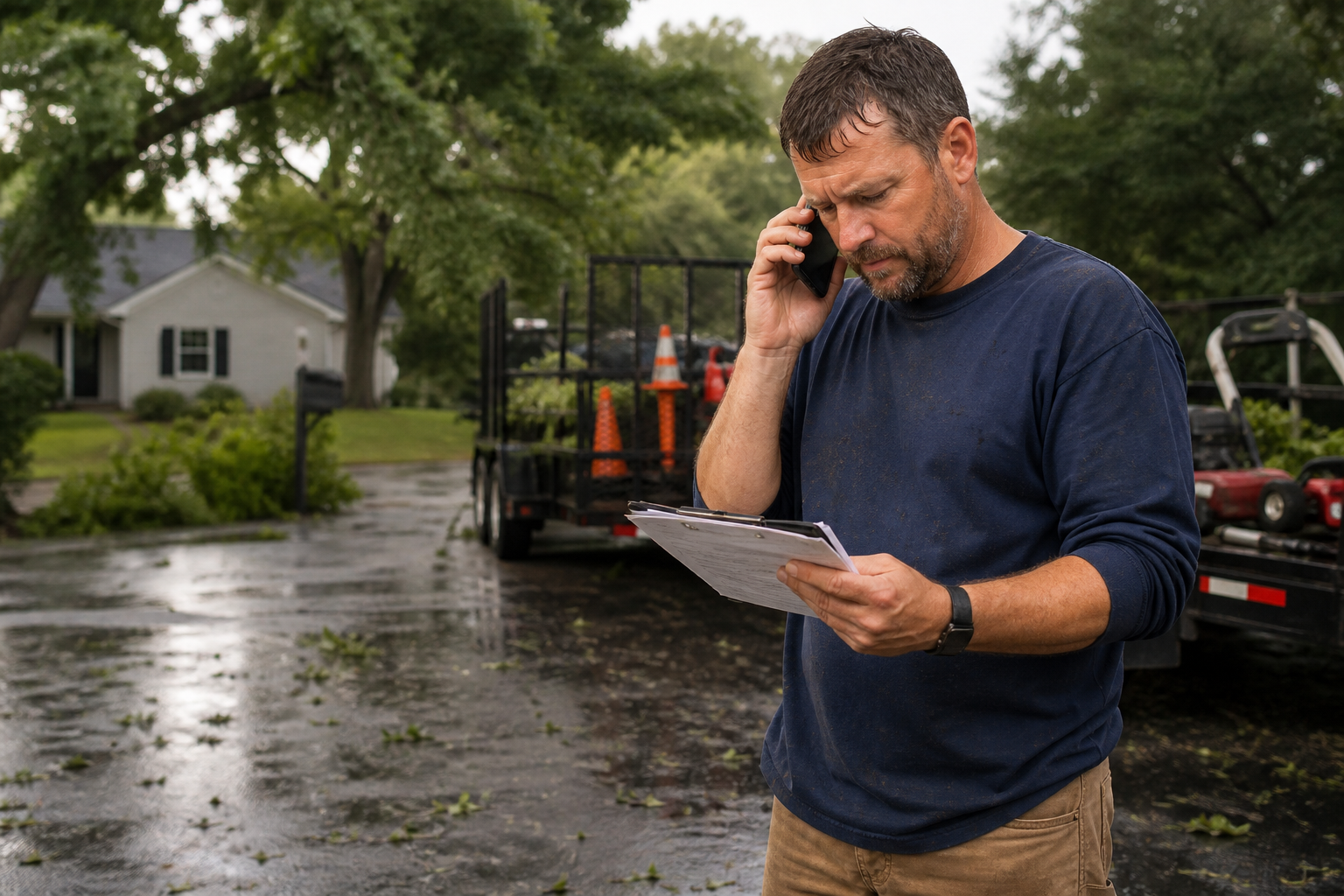 A lawn-care business owner reviewing the revised route after a storm beside his equipment