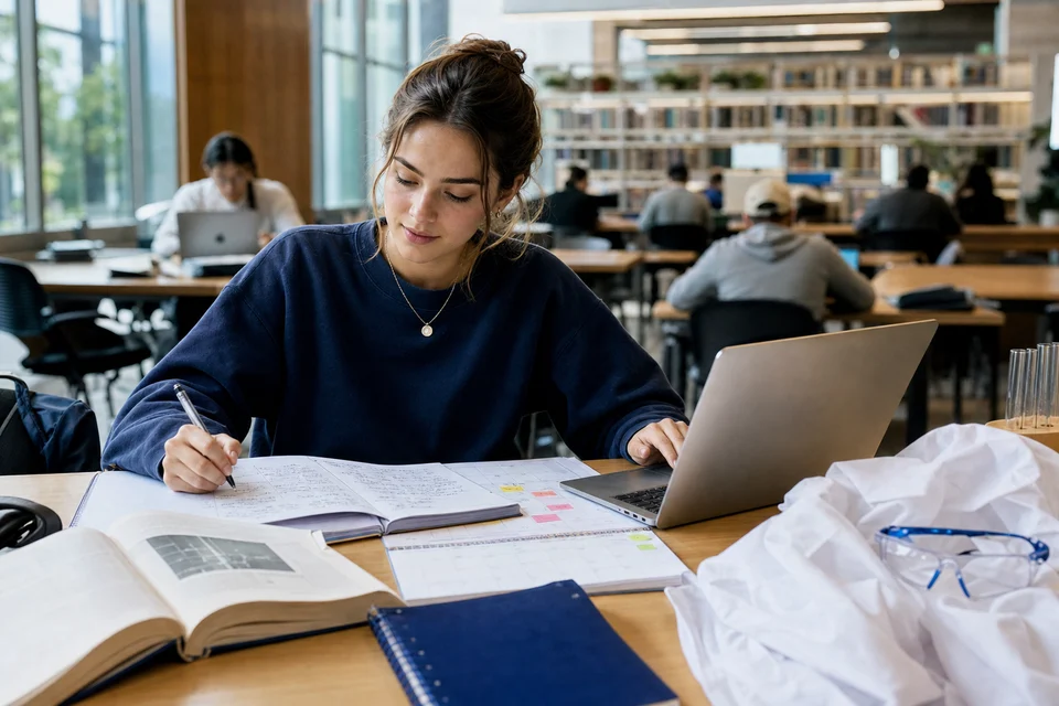 A college student studying in a library