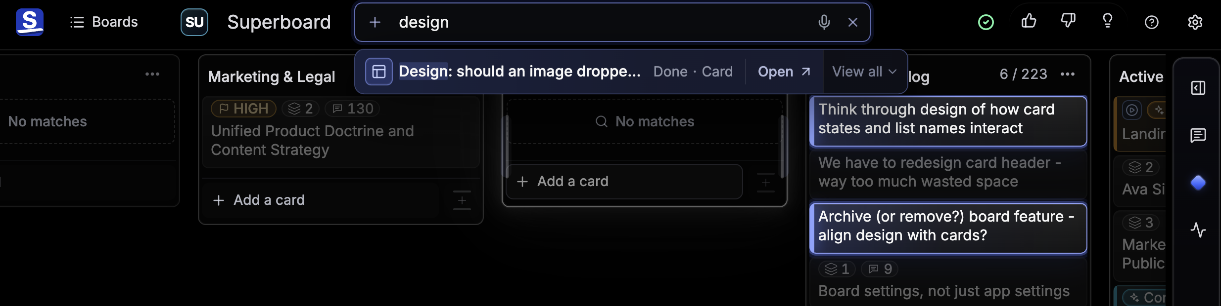Actual production Superboard Search with the query design and matching Cards visible across the Board