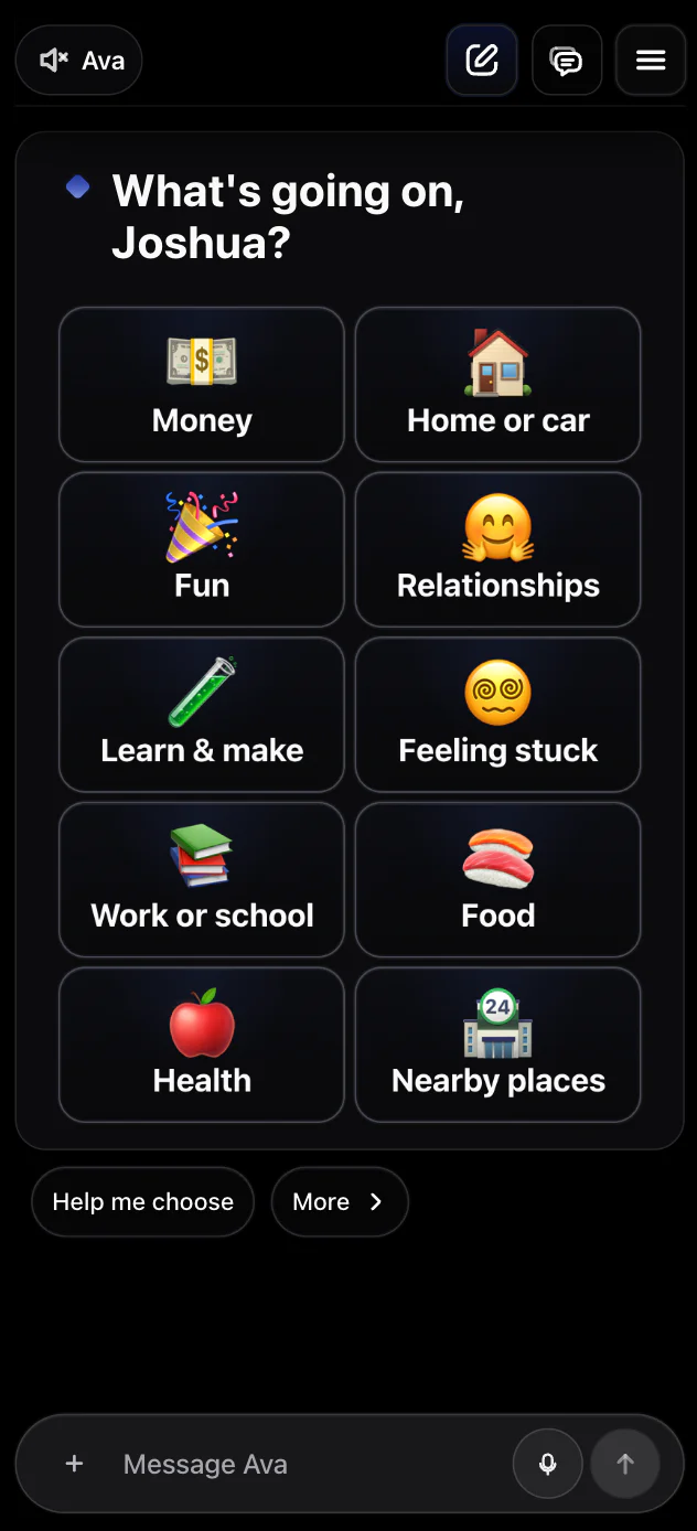 The actual You.one home screen with large choices for money, home, fun, relationships, learning, work, food, health, and nearby places.