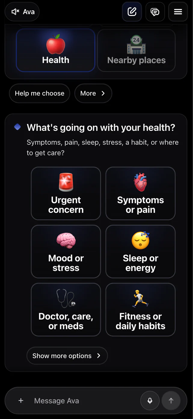 The actual You.one health step with clear choices for urgent concerns, symptoms or pain, mood or stress, sleep or energy, care, and daily habits.